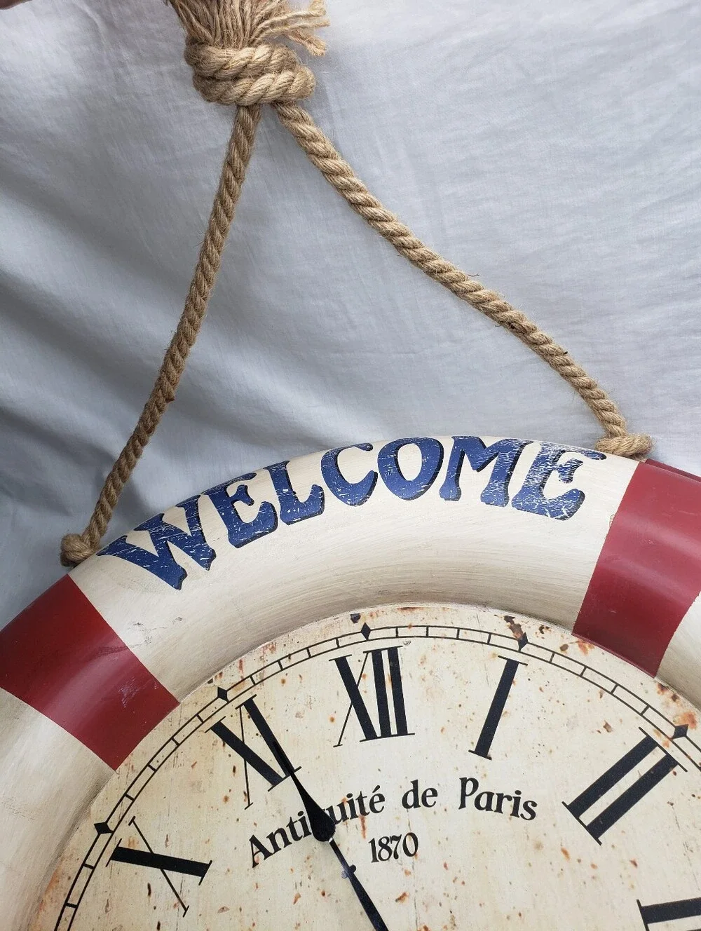 XL Nautical French Life Ring Wall Clock Distressed Antiqued Metal 24 Inches